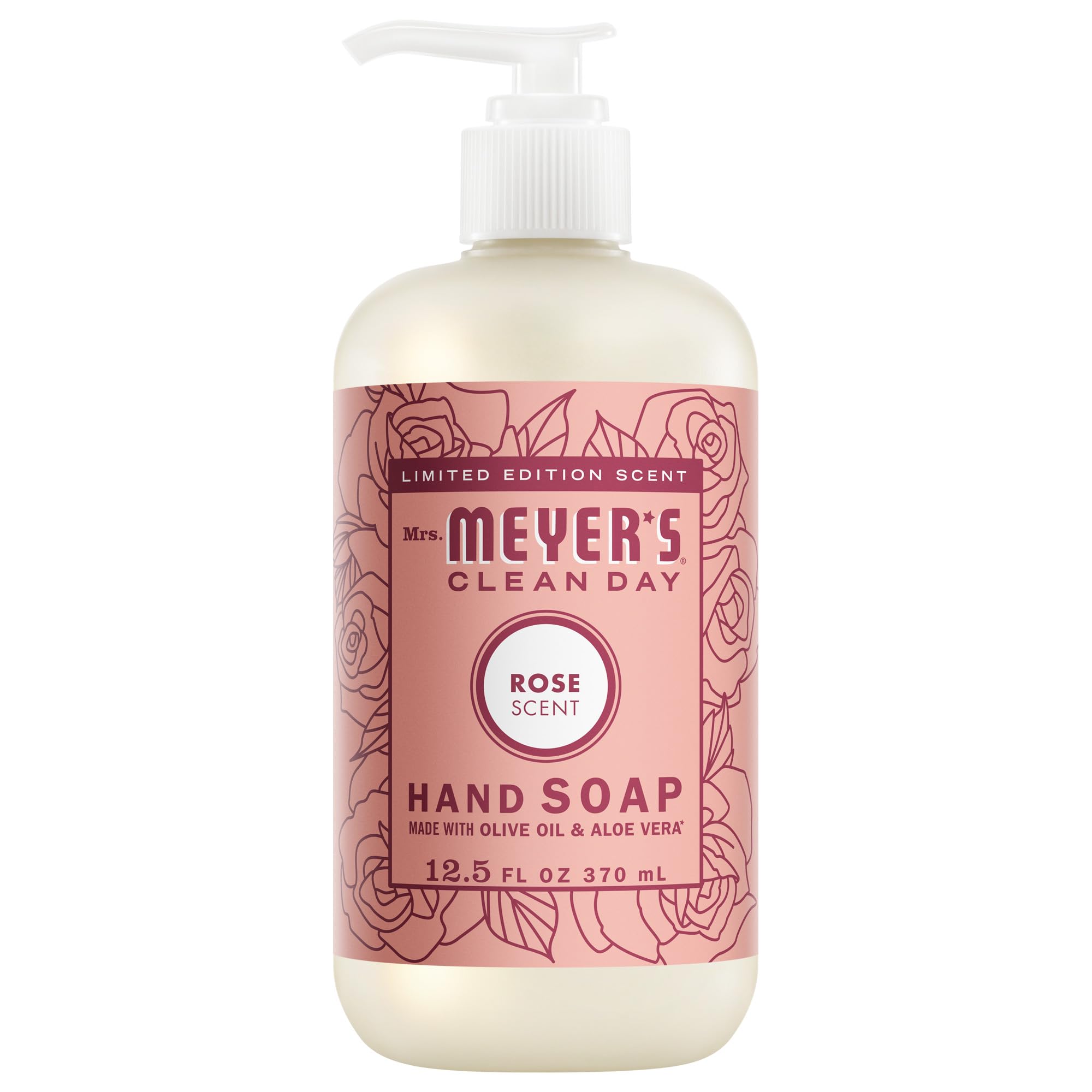 Mrs. Meyer's Clean Day Rose Hand Soap bottle on sink shows gentle cleansing for daily hands