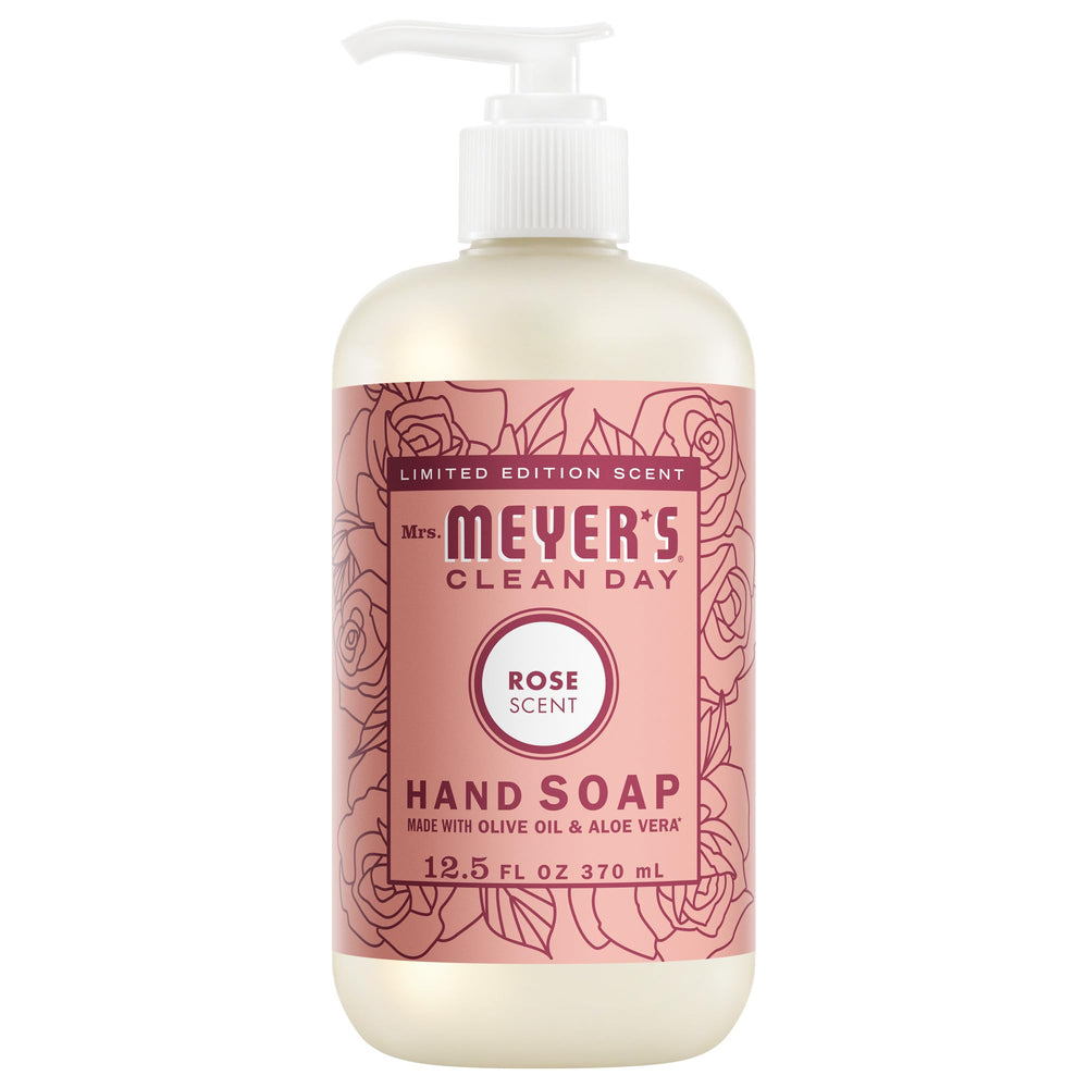 Mrs. Meyer's Clean Day Rose Hand Soap bottle on sink shows gentle cleansing for daily hands