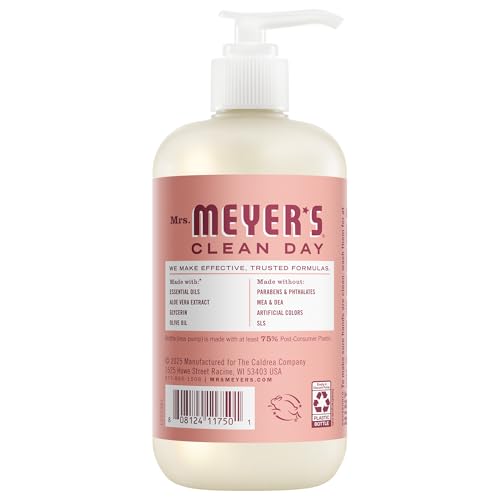 Mrs. Meyer's Clean Day Rose Hand Soap label close-up highlights cruelty-free formula