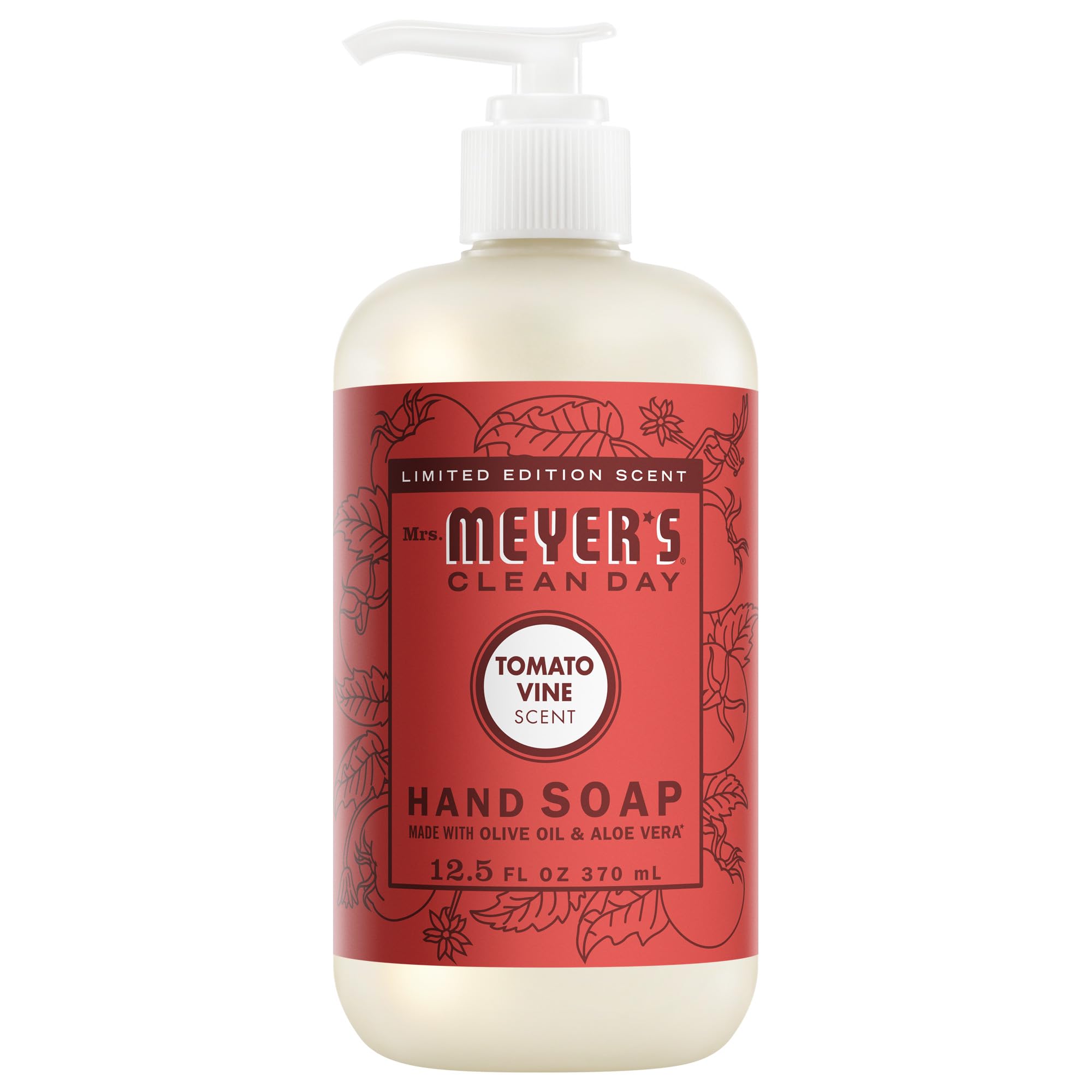 Mrs. Meyer's Tomato Vine hand soap bottle with garden-inspired fragrance for daily washing.