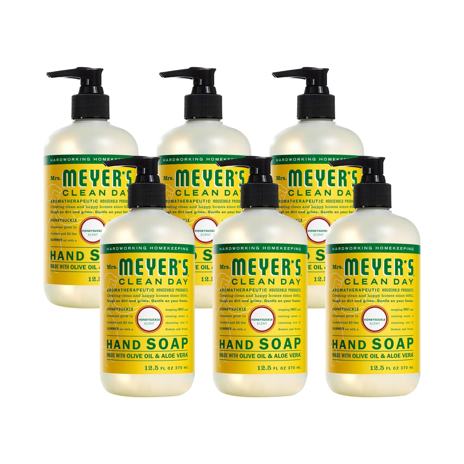 Mrs. Meyer's Honeysuckle Hand Soap bottle promotes gentle cleansing for busy hands.