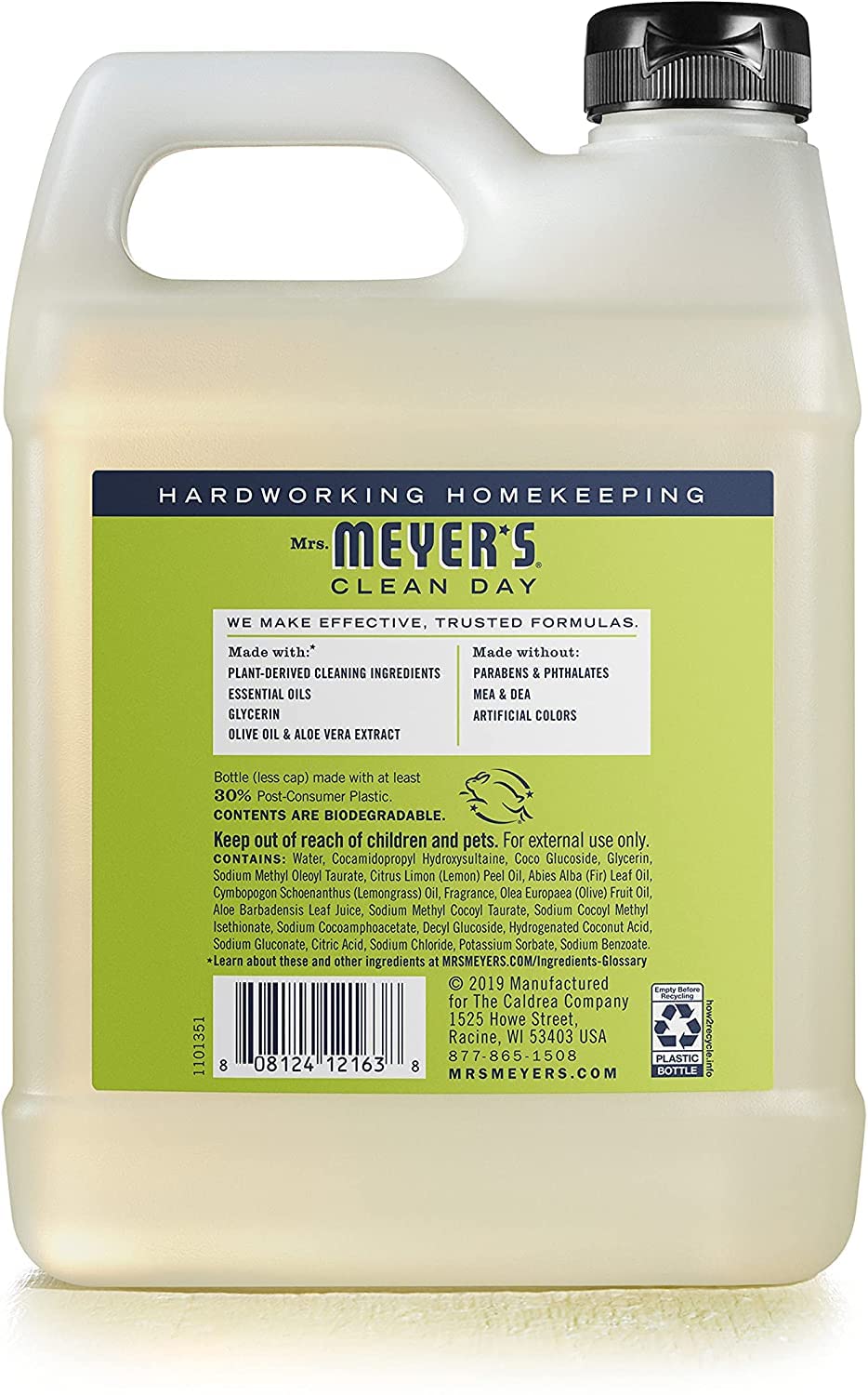 Closeup shows aloe vera and olive oil ingredients in Mrs. Meyer's Clean Day soap.