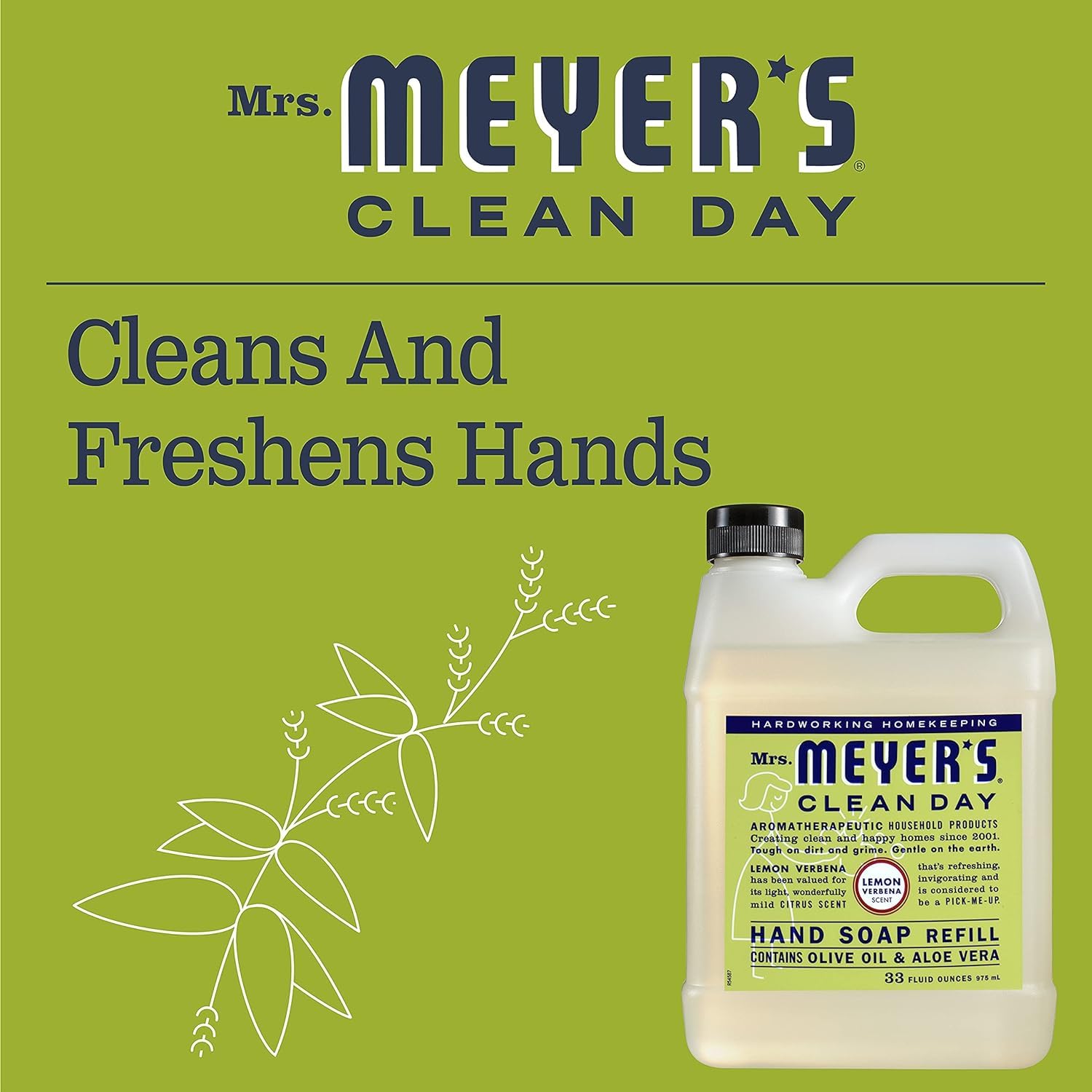 Mrs. Meyer's label closeup highlights essential oils and aloe in the formula.