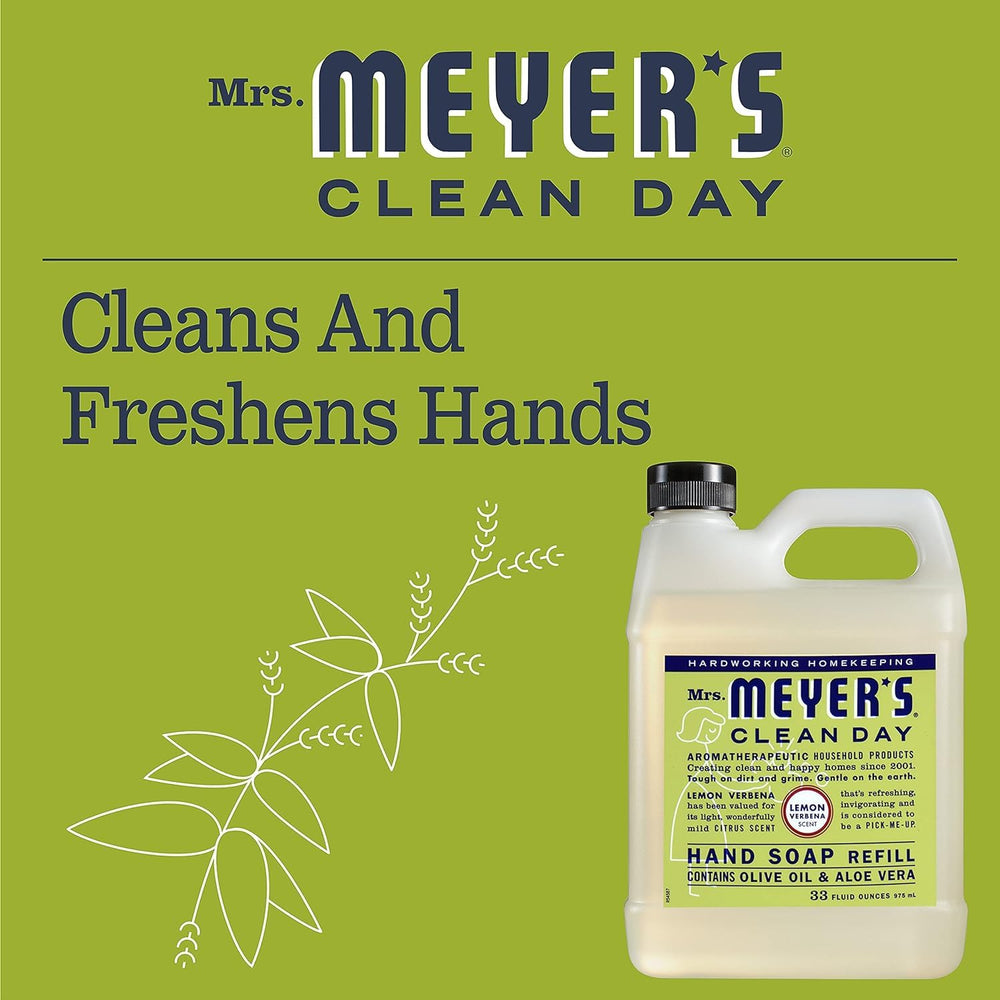 Mrs. Meyer's label closeup highlights essential oils and aloe in the formula.