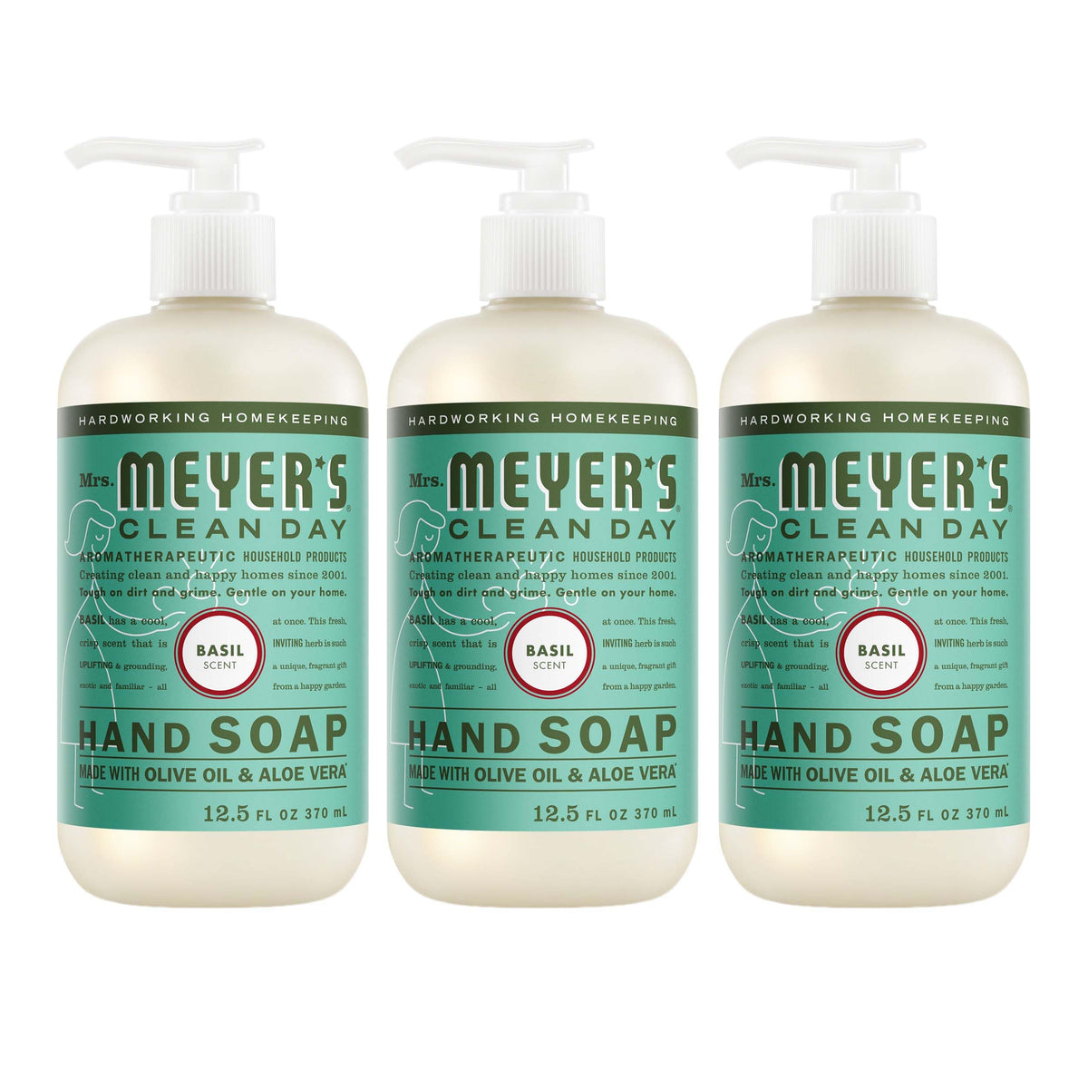 Jabón para manos Mrs. Meyer's Clean Day albahaca, vertido para lavado diario.