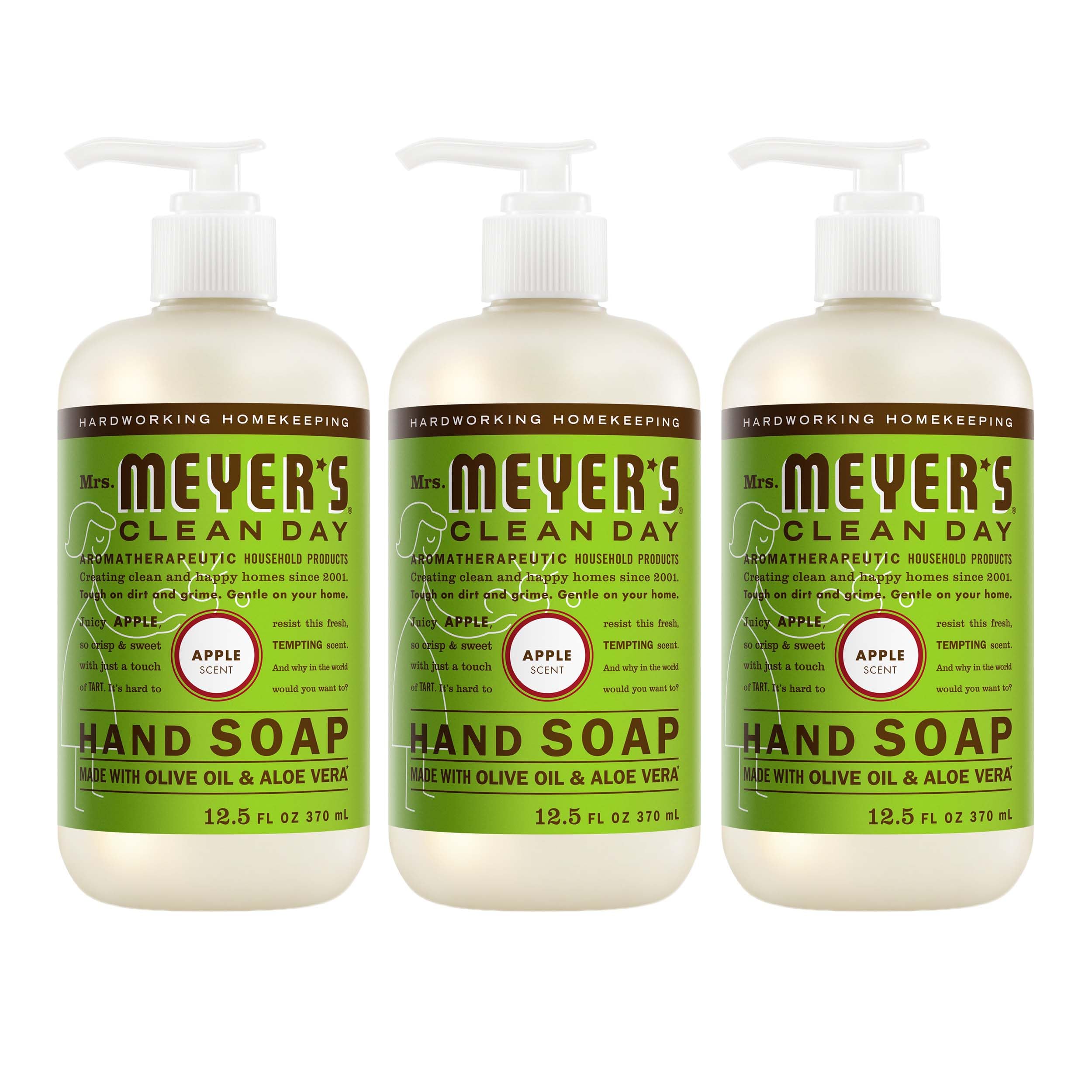 Jabón de manos Mrs. Meyer's Clean Day Manzana frontal de botella, aroma fresco para lavado diario.