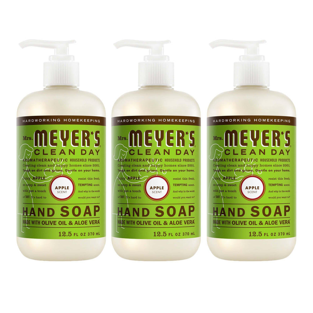 Jabón de manos Mrs. Meyer's Clean Day Manzana frontal de botella, aroma fresco para lavado diario.