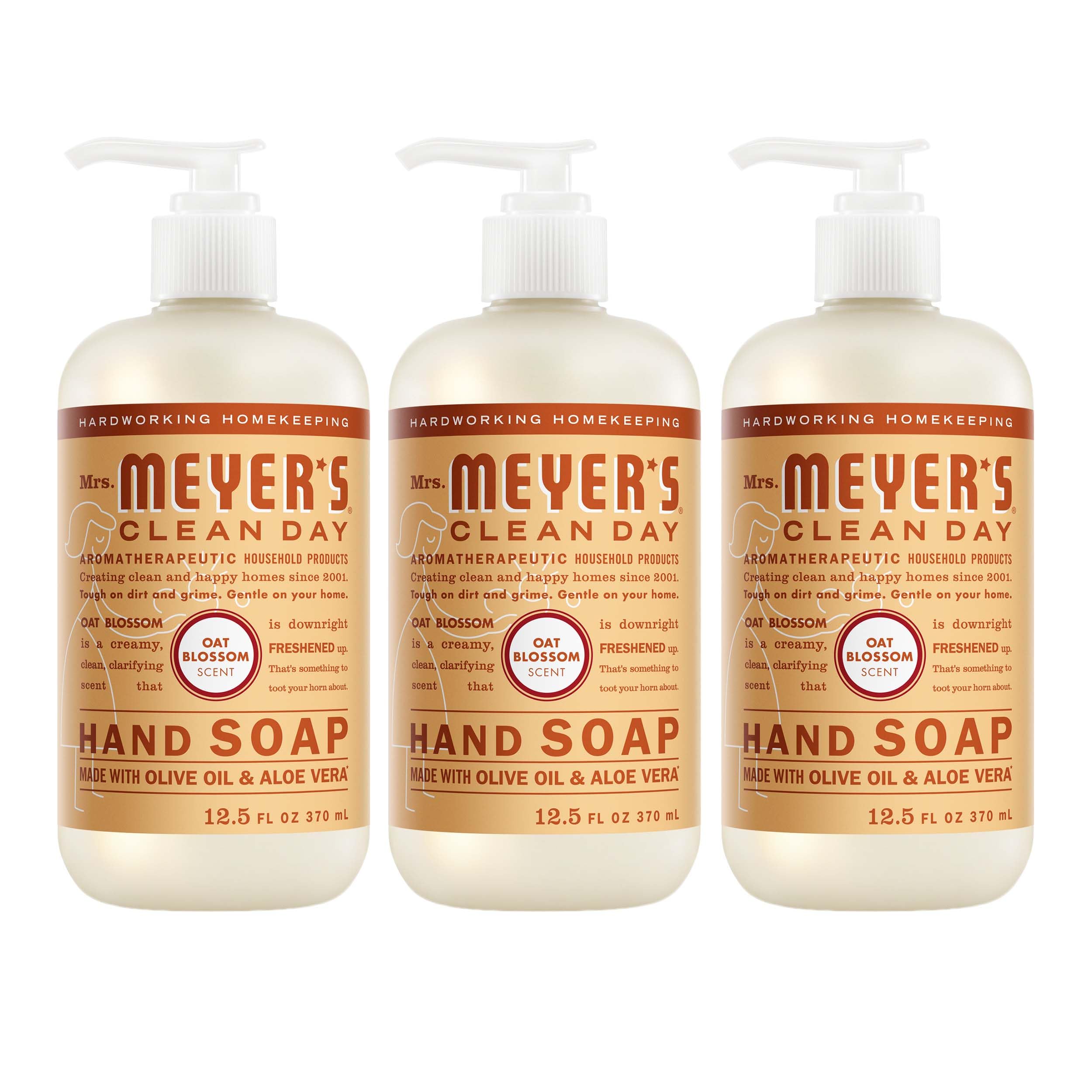 Mrs. Meyer's Clean Day jabóN de manos en botella tres-pack para uso diario.
