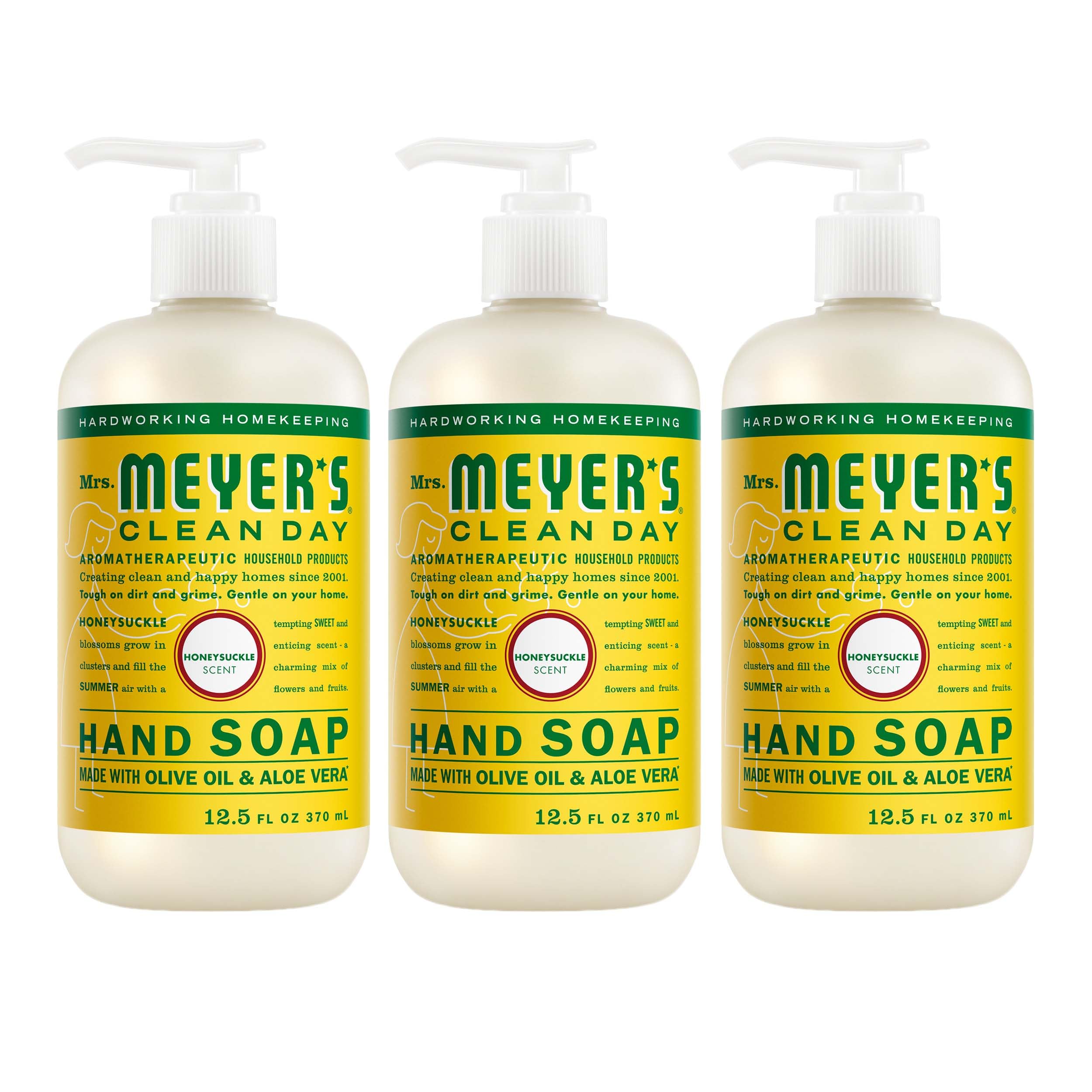 Jabón de manos Mrs. Meyer's Clean Day en frasco madreselva para piel suave.
