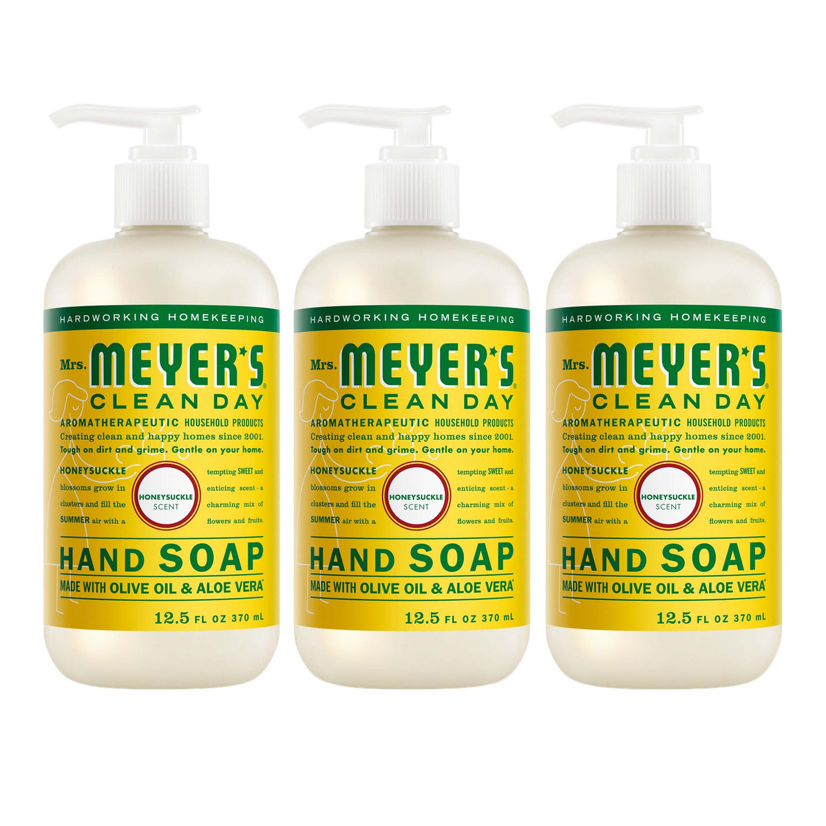 Jabón de manos Mrs. Meyer's Clean Day en frasco madreselva para piel suave.