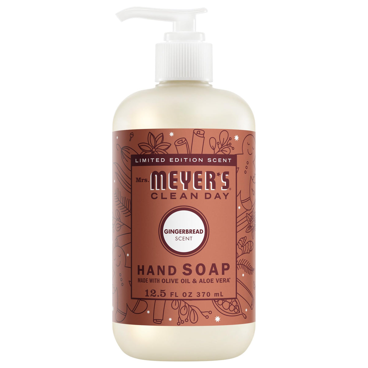 Mrs. Meyer's Clean Day Jabón de manos aroma Pan de Jengibre limpia y suaviza la piel.
