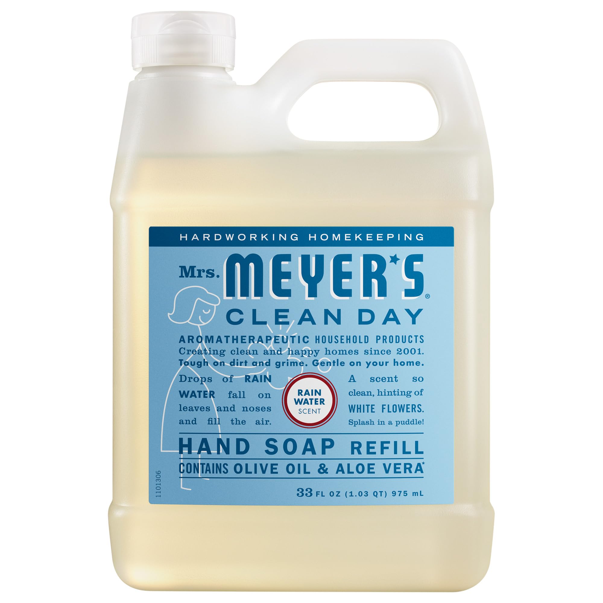 Jabón de manos Mrs. Meyer’s Clean Day Rain Water en recarga para uso diario.