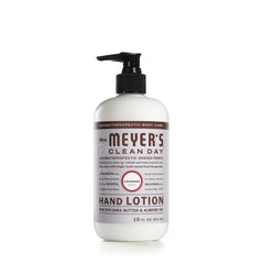 Mrs. Meyer's lavender hand lotion bottle front view highlights non-greasy hydration for dry hands.
