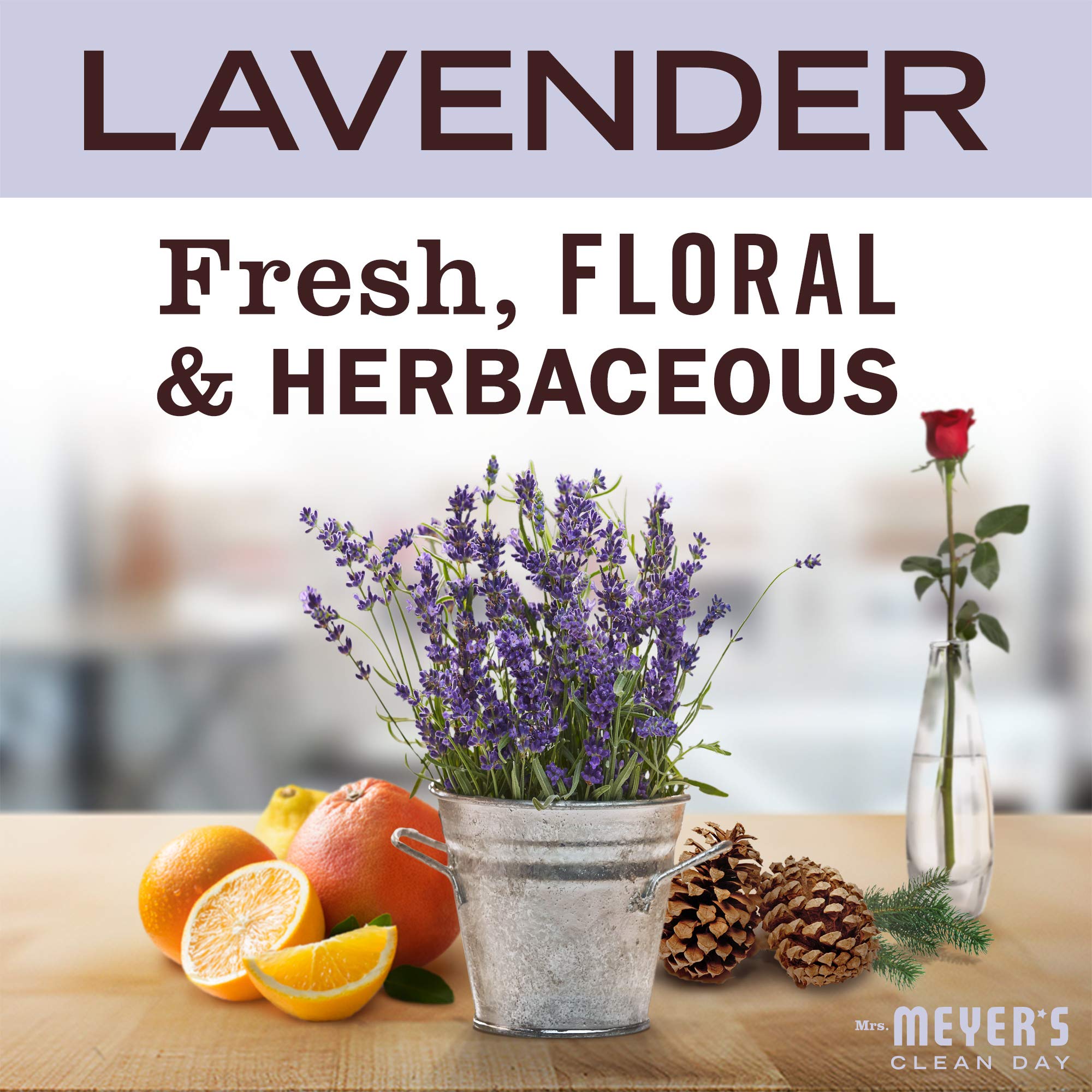 Mrs. Meyer's lavender hand lotion close-up emphasizes shea butter and almond oil benefits.