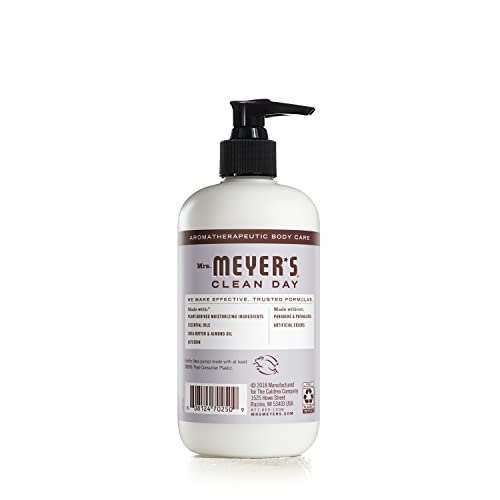Mrs. Meyer's lavender hand lotion pump close-up shows creamy texture for quick absorption.