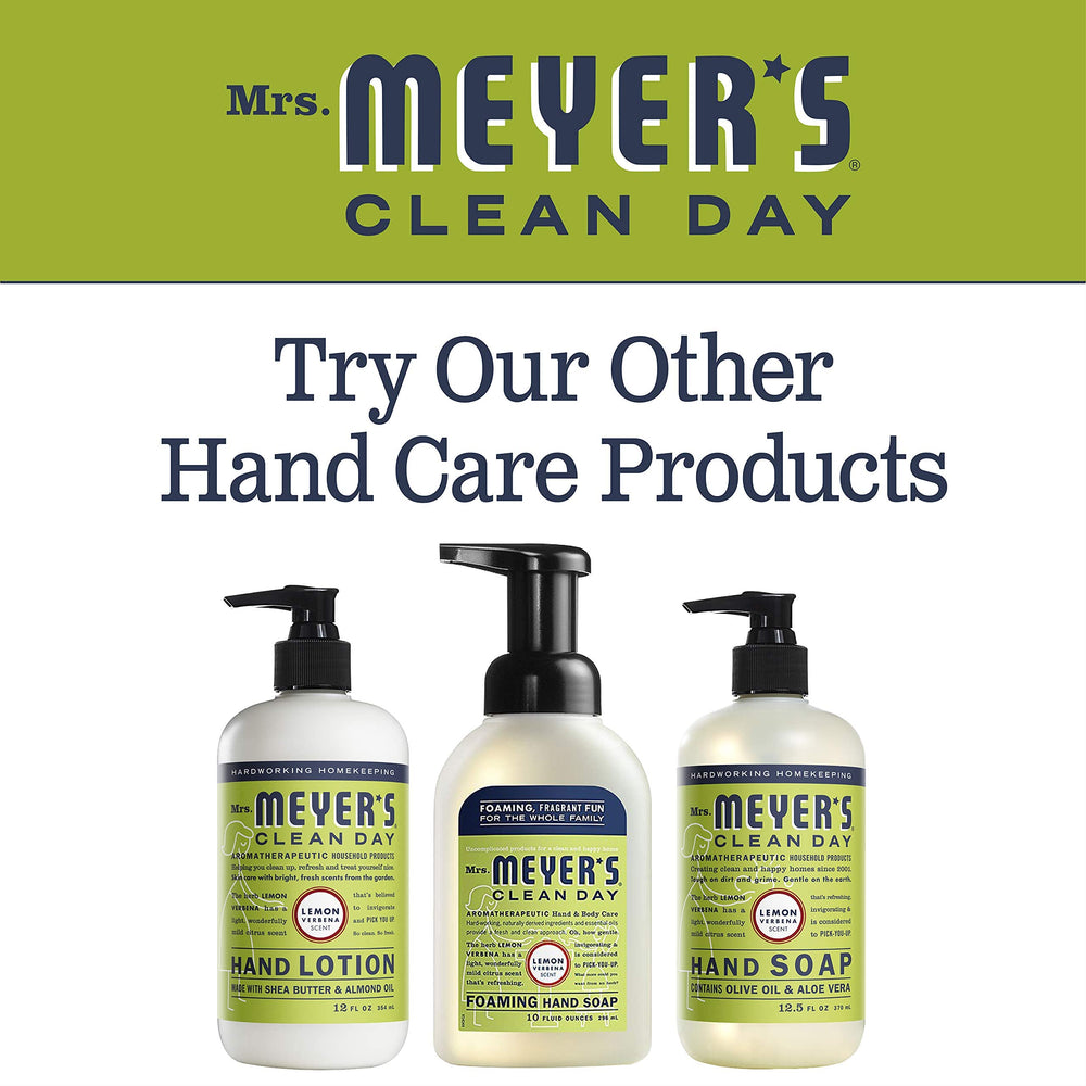 Bathroom shelf featuring Mrs. Meyer's Clean Day Lemon Verbena refill for soft hands.