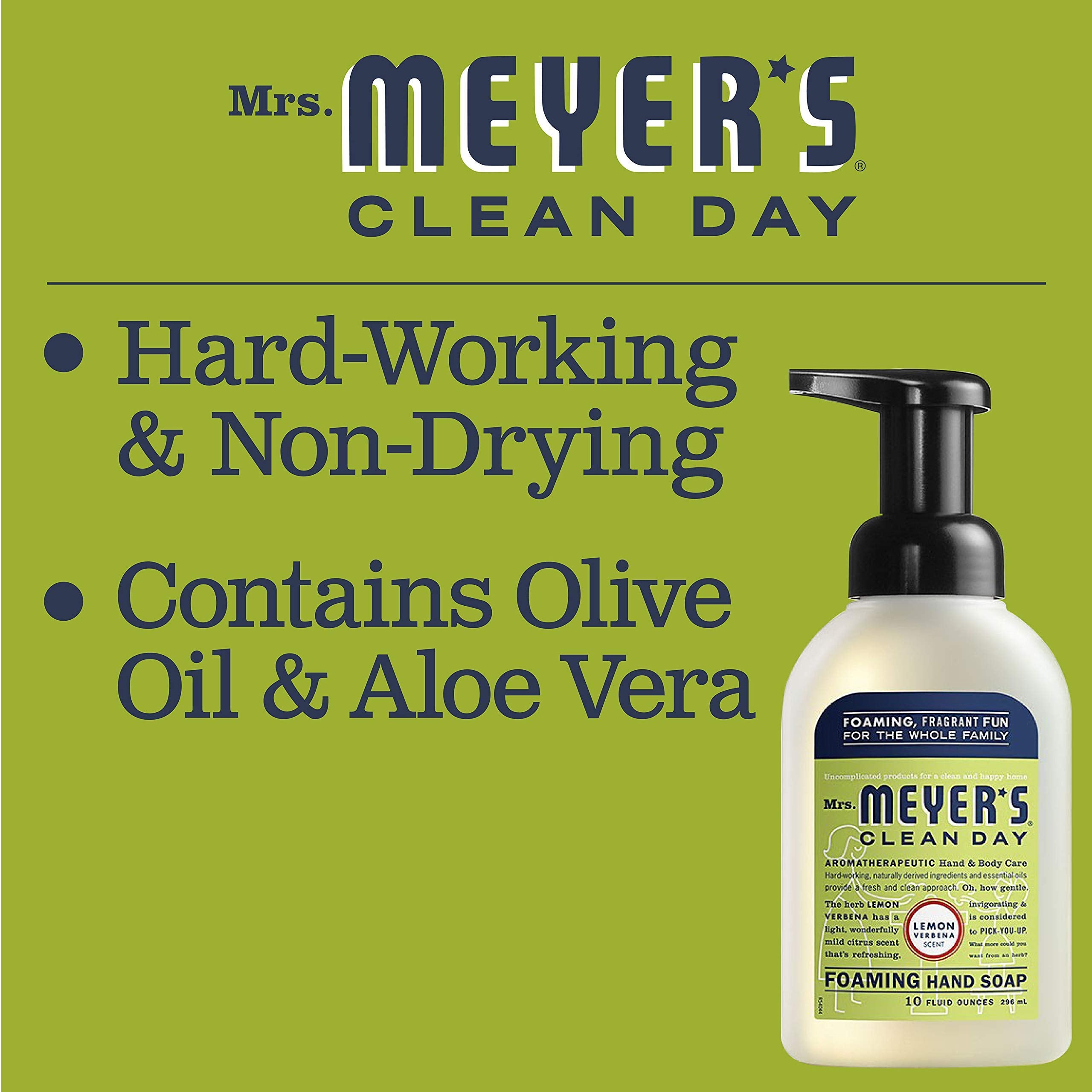 Countertop display shows Mrs. Meyer's Lemon Verbena refill for frequent kitchen handwashing.