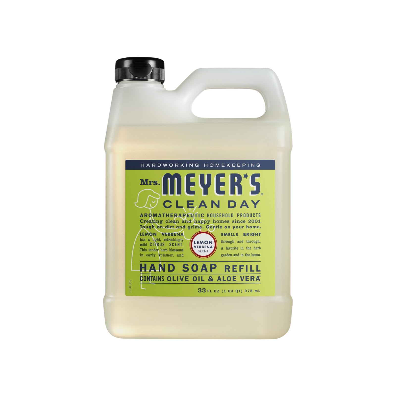 Mrs. Meyer's Clean Day Lemon Verbena refill bottle closeup suggests easy, mess-free pouring.