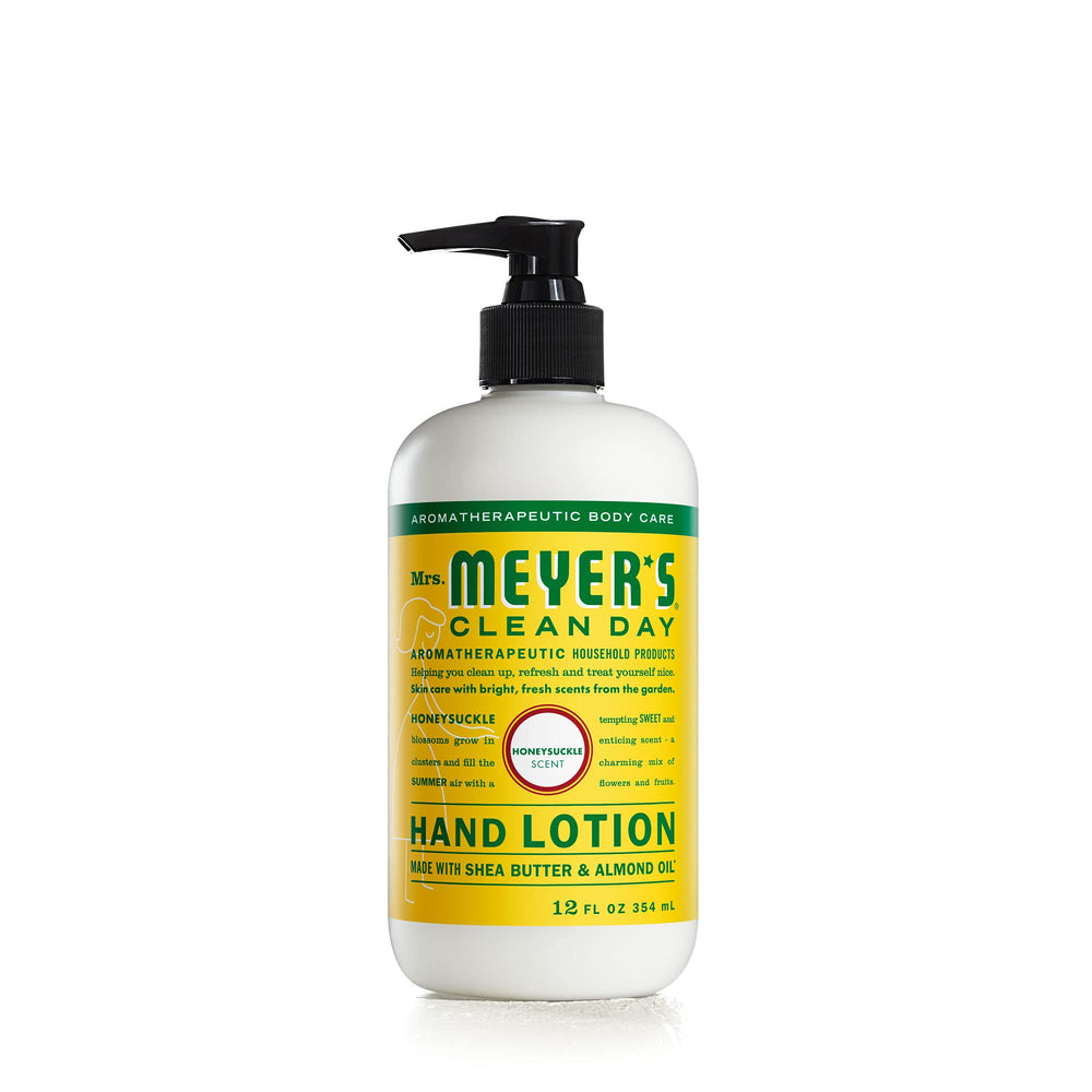 Loción de manos Mrs. Meyer's Clean Day Honeysuckle en botella, hidratación rápida sin grasa.