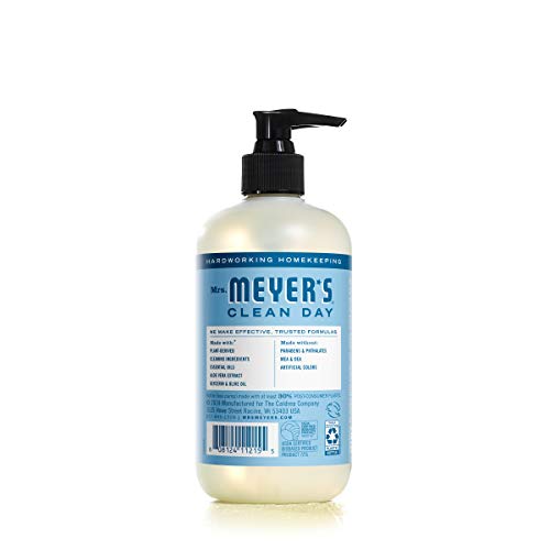 Mrs. Meyer's Rain Water Hand Soap label close-up shows essential oils and aloe vera