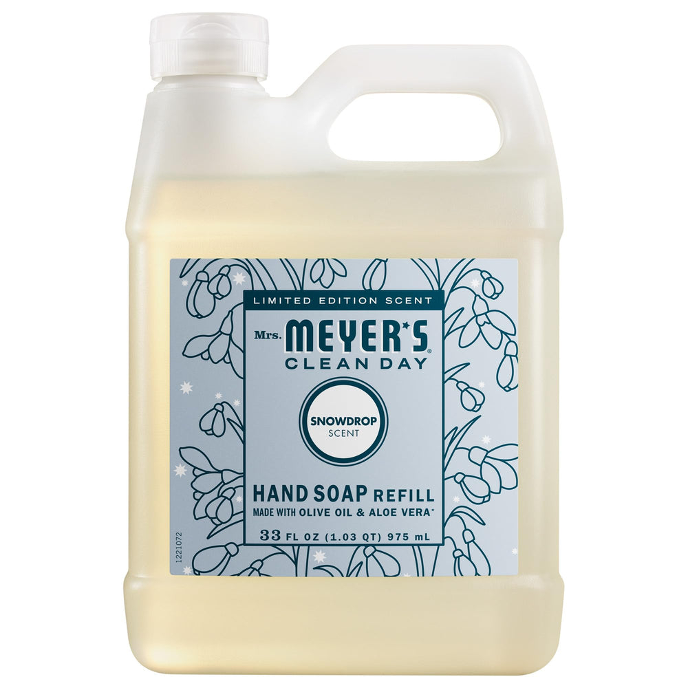 Mrs. Meyer's Clean Day Snowdrop hand soap bottle ready for gentle cleansing.