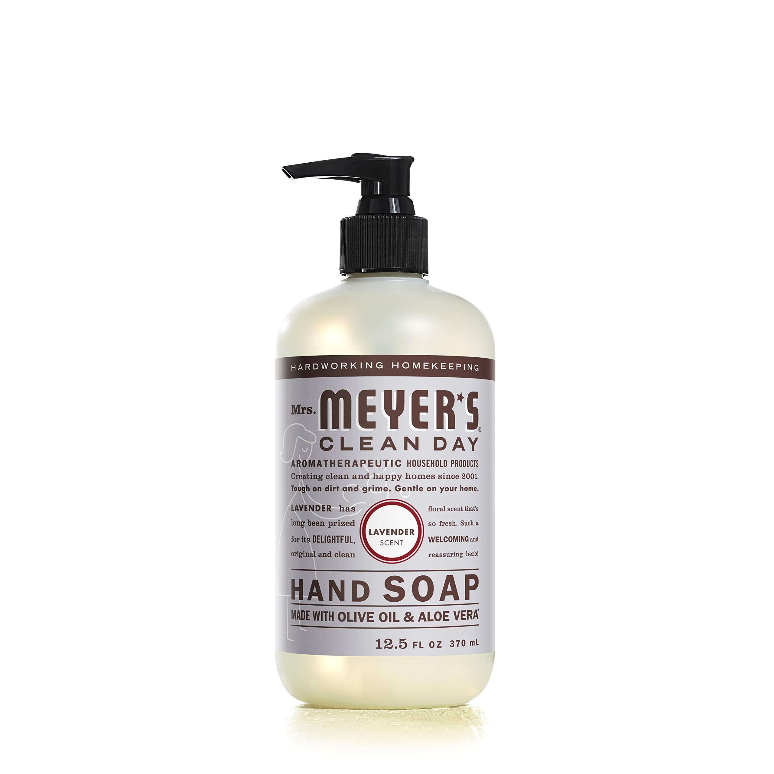 Mrs. Meyer's Lemon Verbena hand soap bottle with mild citrus aroma for bright kitchens.
