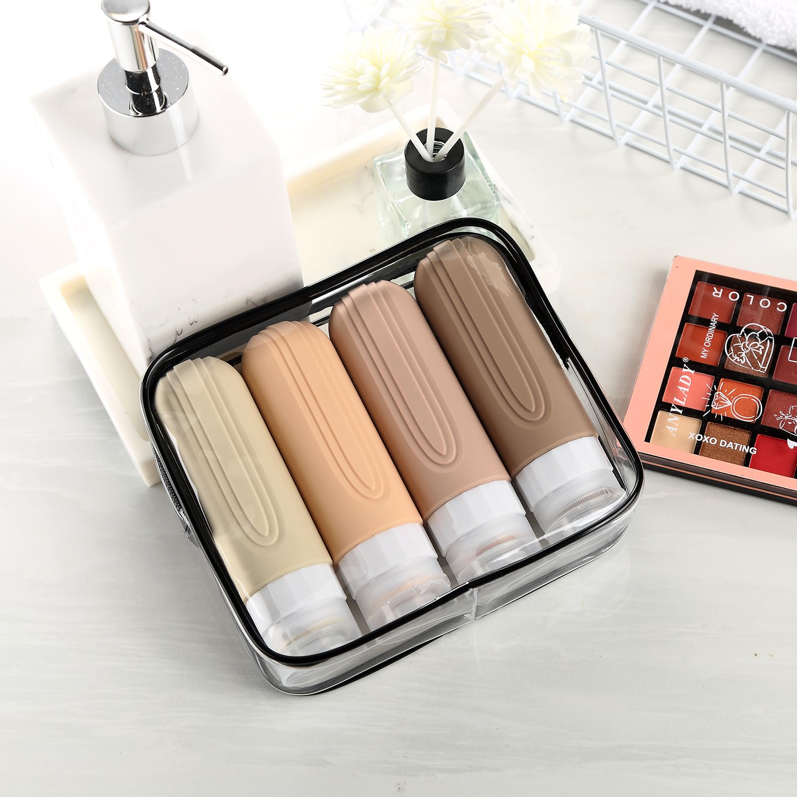 Mrsdry travel bottle set fits shampoo, conditioner, lotion, and more.