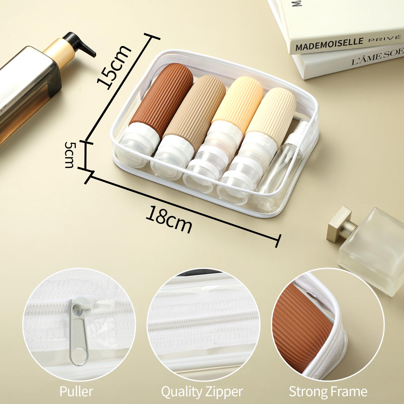 Mrsdry travel bottles kit contents include bottles, jars, sprays, scoops, funnel, brush, labels, and bag.