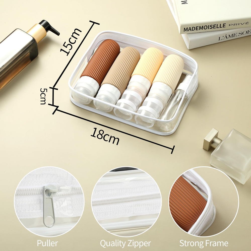 Mrsdry travel bottles kit contents include bottles, jars, sprays, scoops, funnel, brush, labels, and bag.