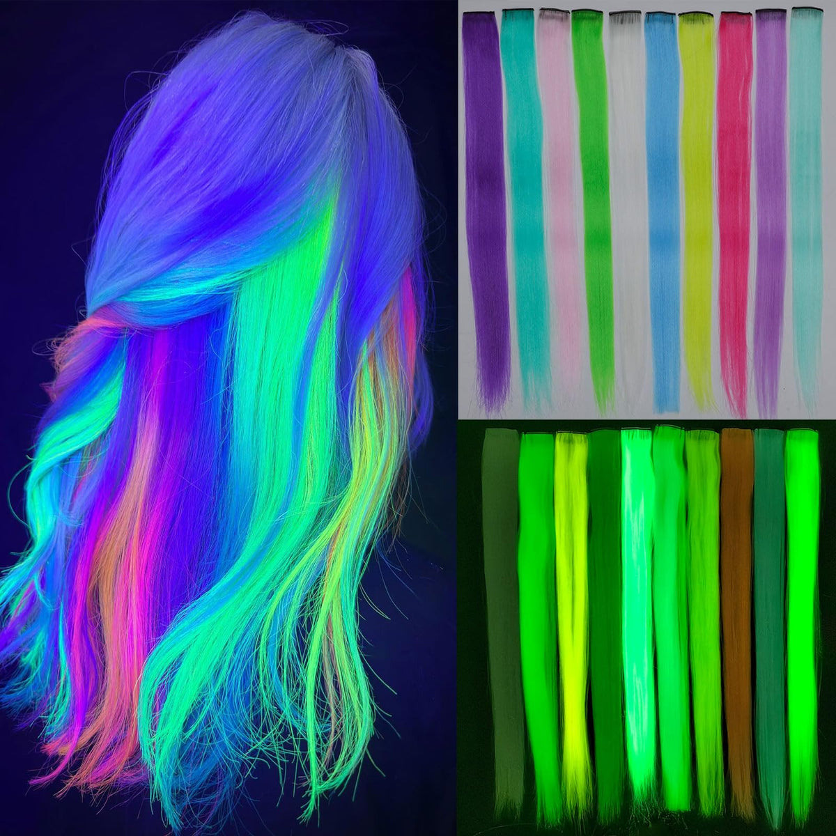 Ms Aloe glow-in-the-dark clip-in extensions close-up with vibrant rainbow colors
