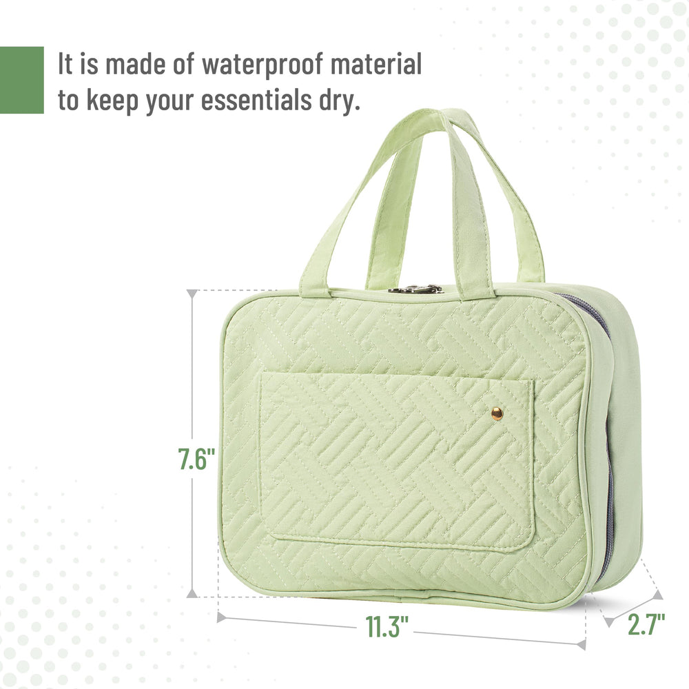 Ms. Pen travel toiletry bag shows clear compartments for quick, organized access.