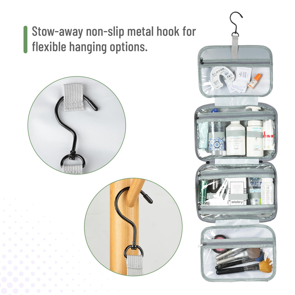 Ms. Pen travel toiletry bag built-in hook for hands-free hanging.