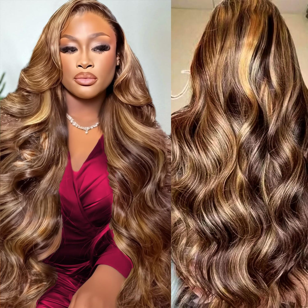 MSCLARA 30in highlight body wave wig front view with natural lace front for daily wear