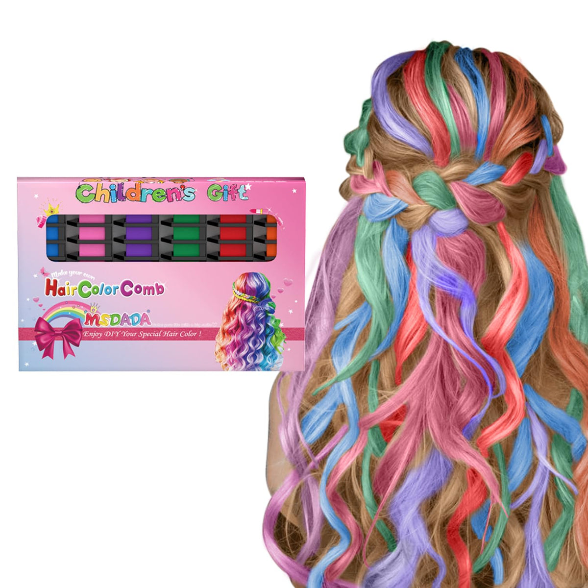 MSDADA hair chalk comb packaging for a kid-friendly color kit