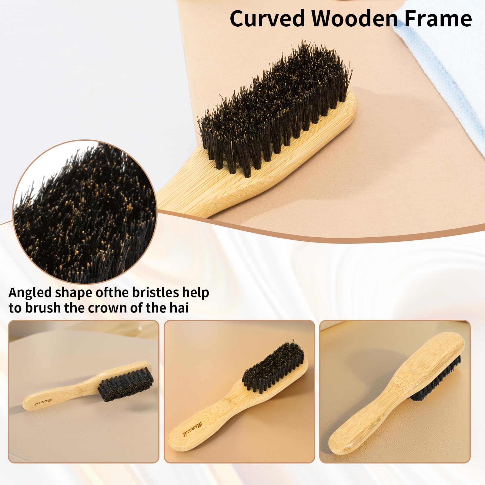 Msnasit bamboo brush bristles close-up highlighting natural boar bristle smoothing.
