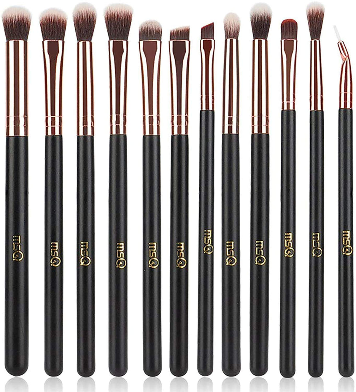 MSQ eye shadow brush set in rose gold with soft synthetic bristles for smooth application.