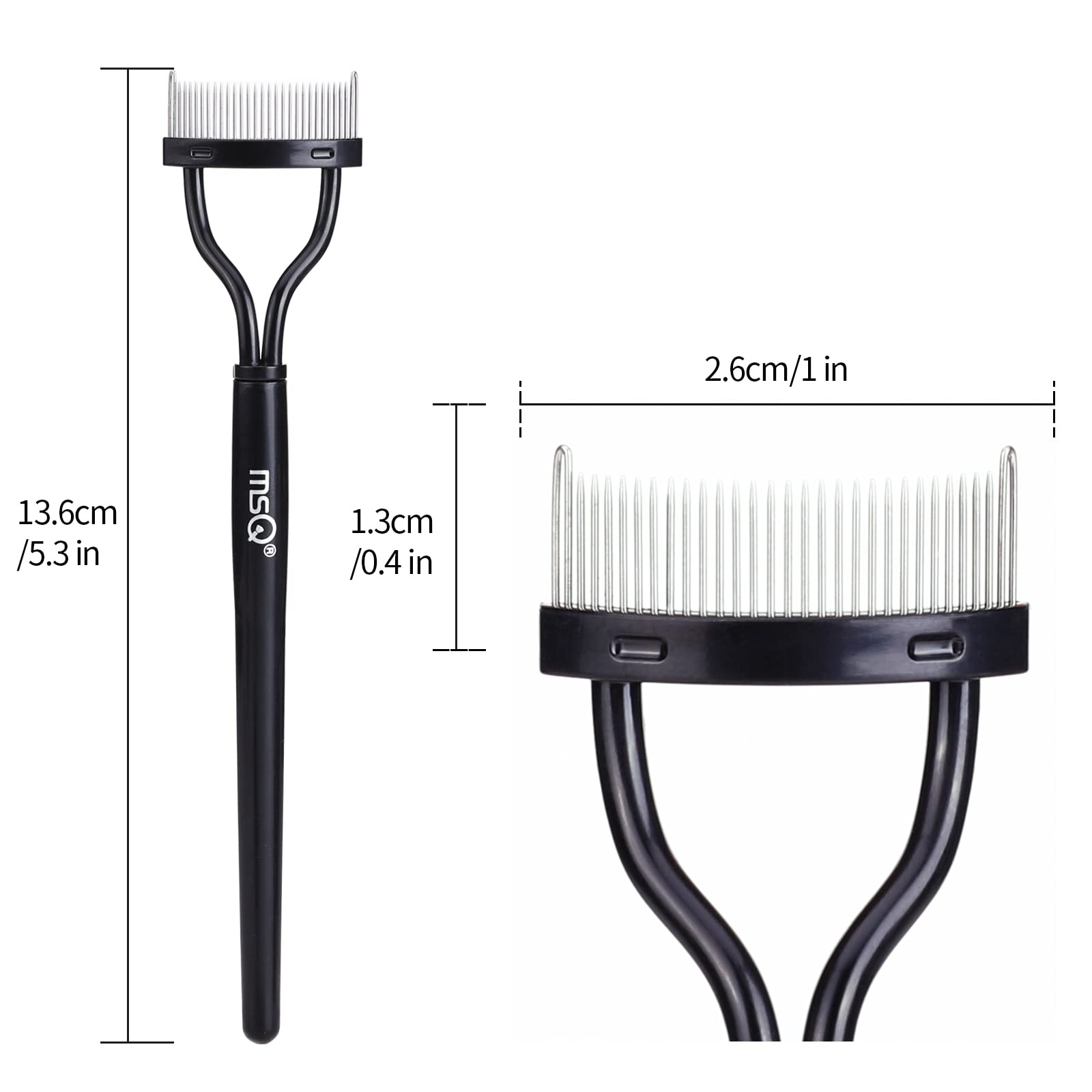 MSQ lash comb featuring curved handle eases mascara finishing