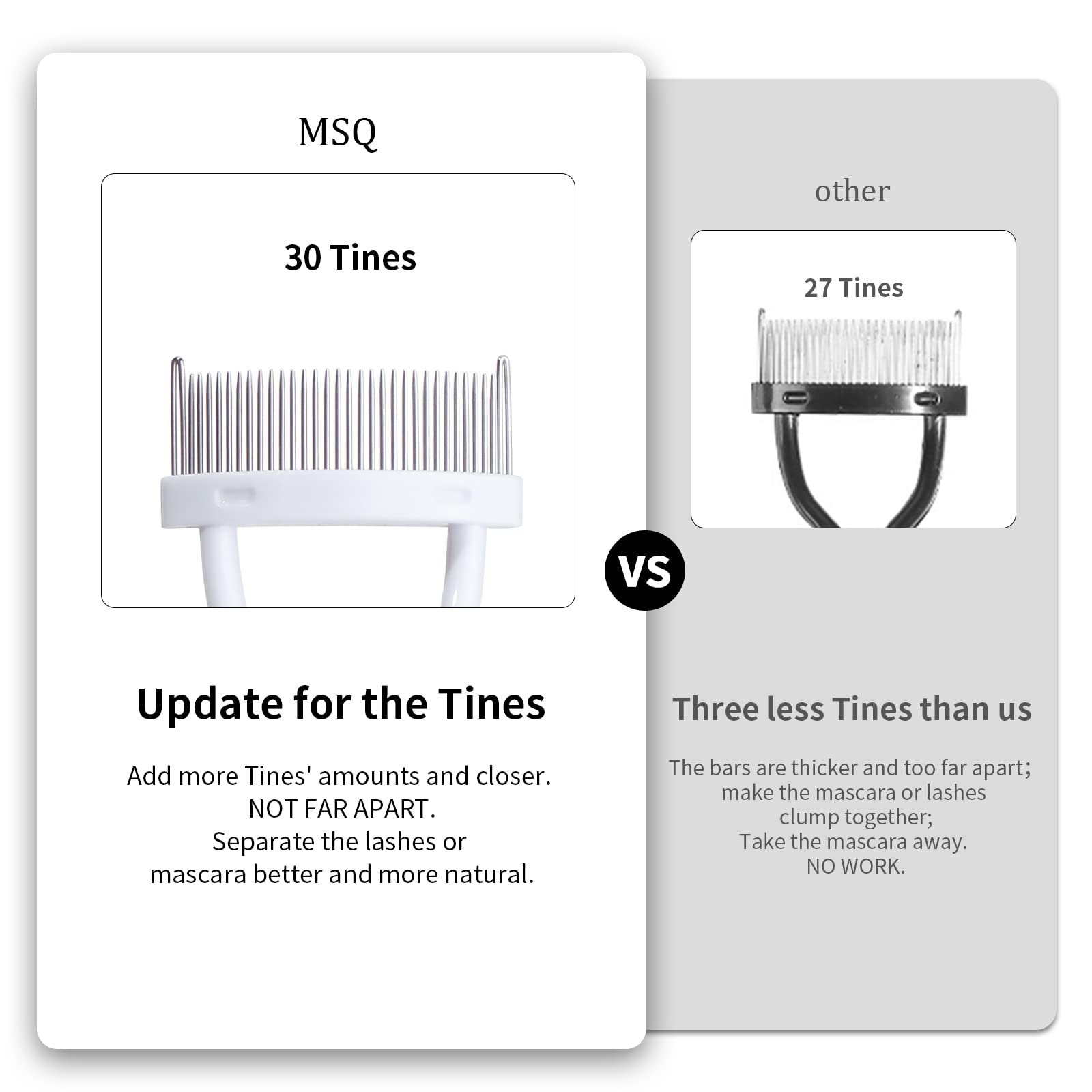 MSQ eyelash comb in use demonstrates precise mascara finishing.