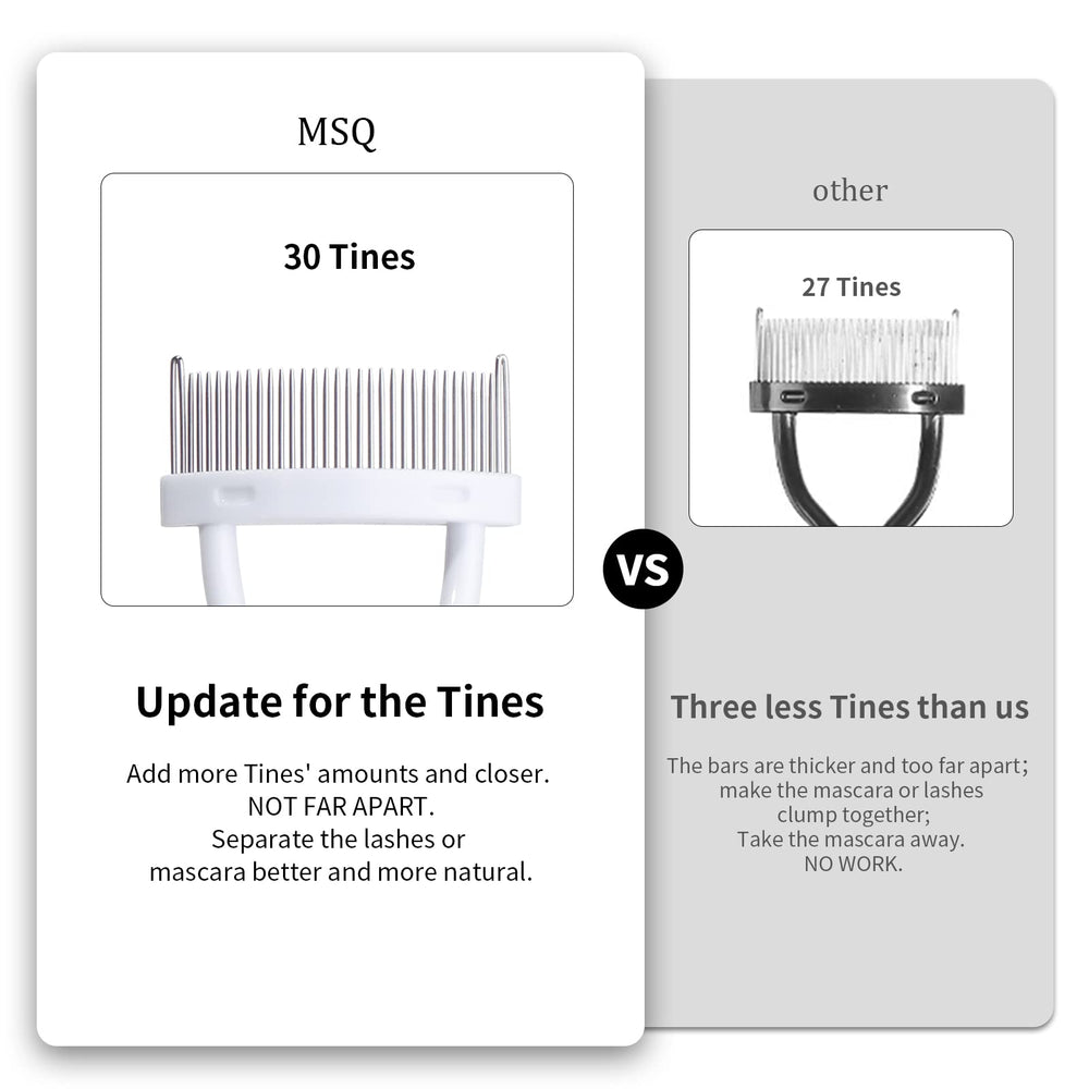 MSQ eyelash comb in use demonstrates precise mascara finishing.