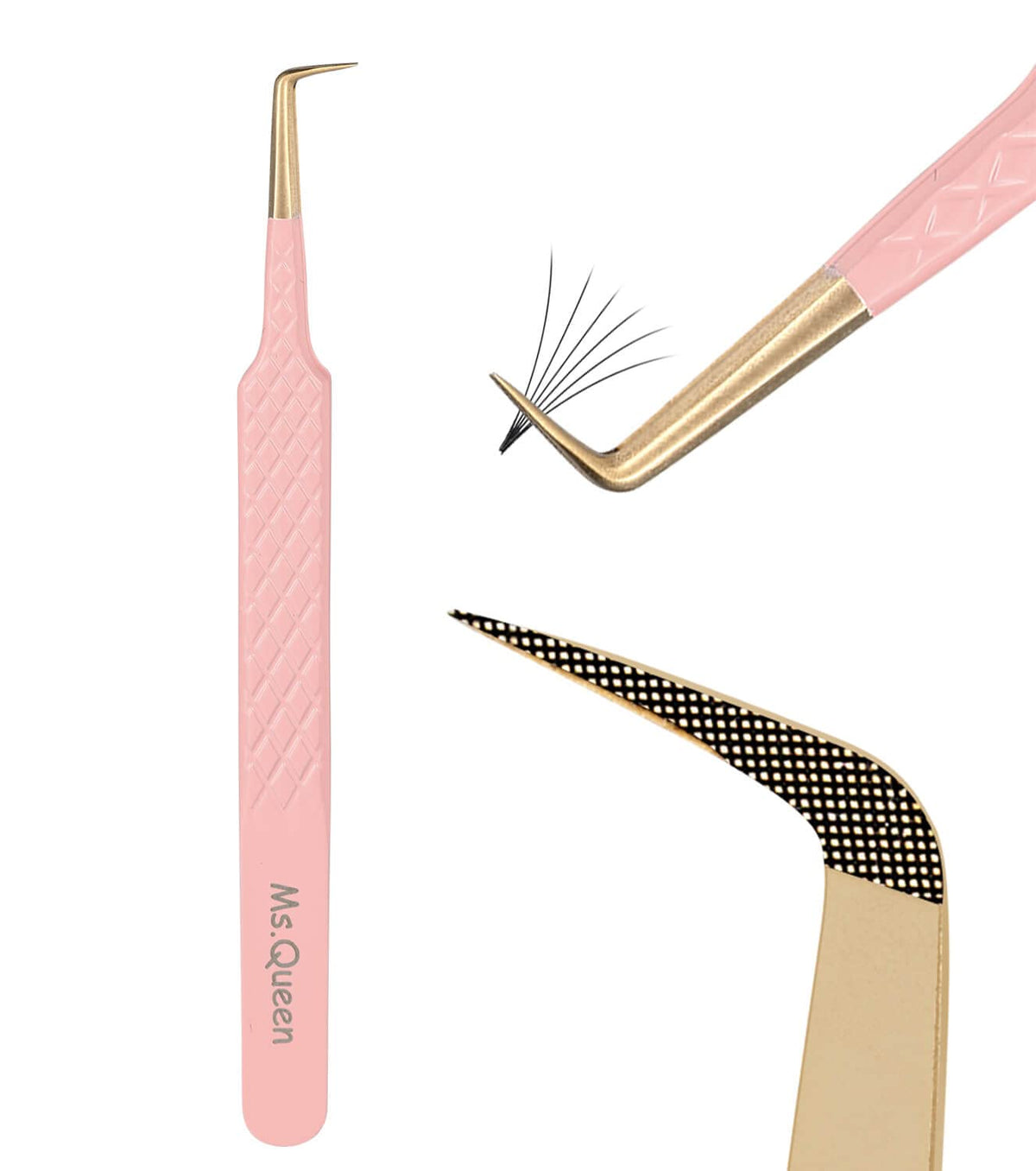 Ms.Queen 90-degree lash tweezers with fiber tip for precise lash pickup.