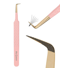 Ms.Queen 90-degree lash tweezers with fiber tip for precise lash pickup.