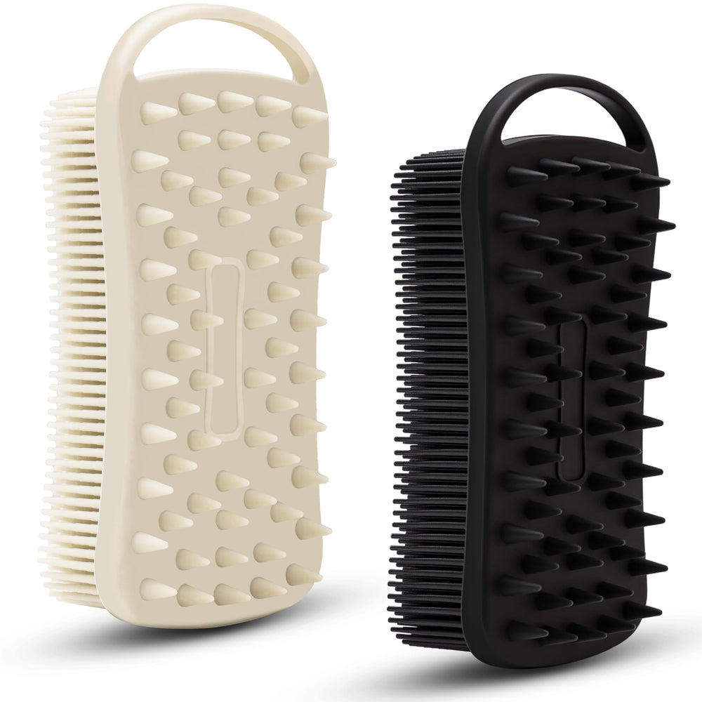 MtBoi two-piece silicone body scrubber in grey and black with a secure grip.