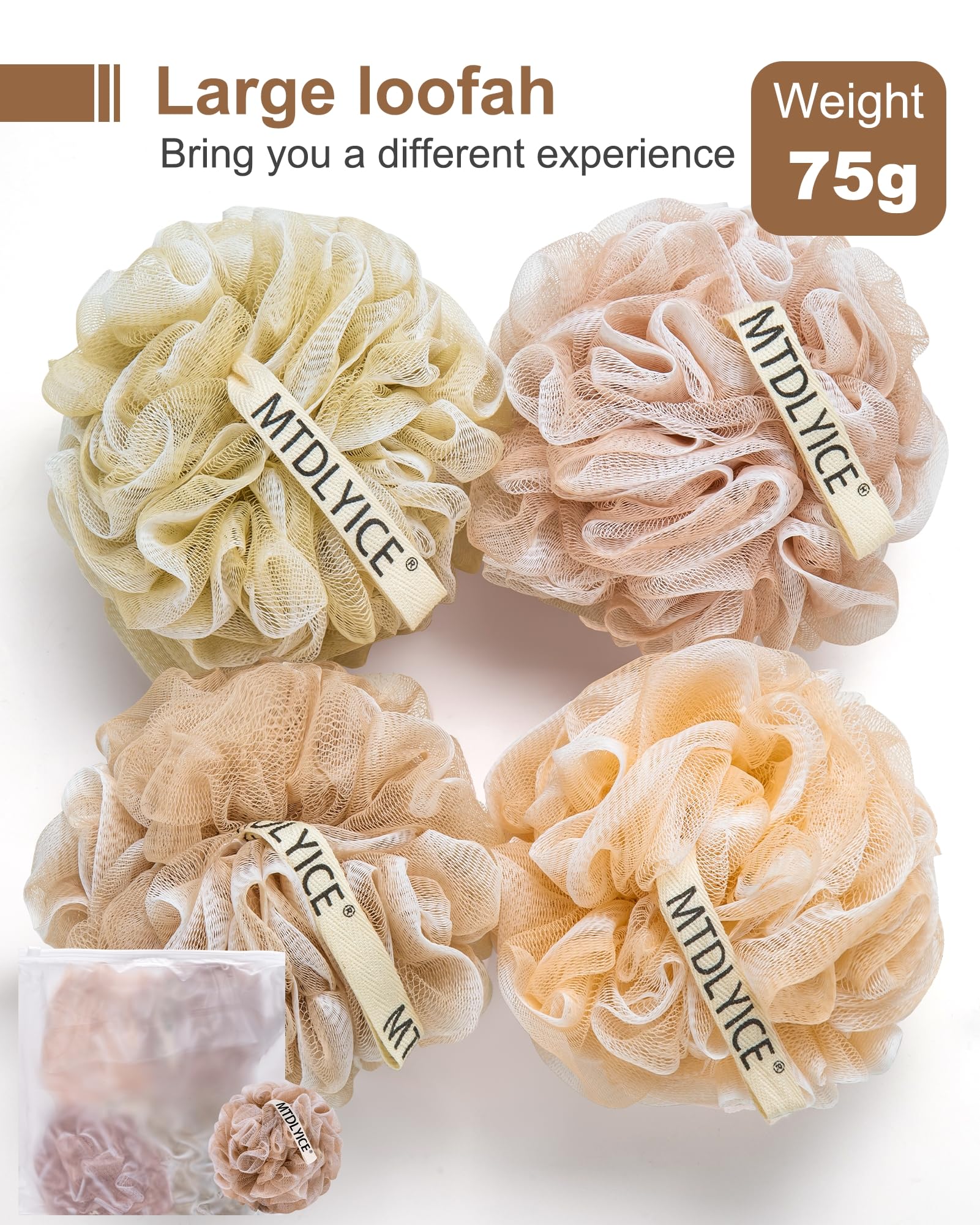MTDLYICE Lufa XL 75 g, borde blanco, mejor agarre durante la exfoliación.