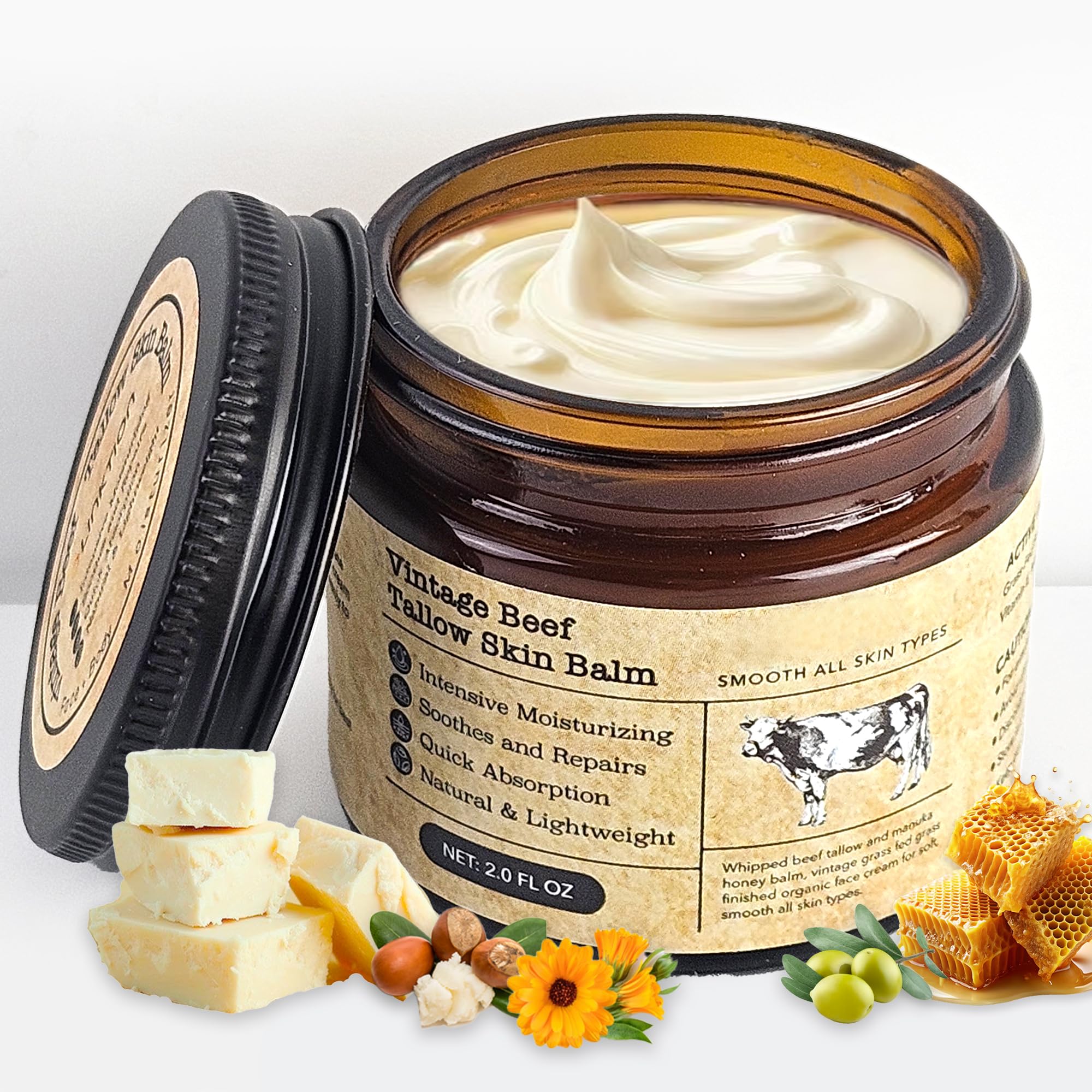 MTGBO Bálsamo de sebo de vaca con miel en envase de 2 oz para cuidado diario