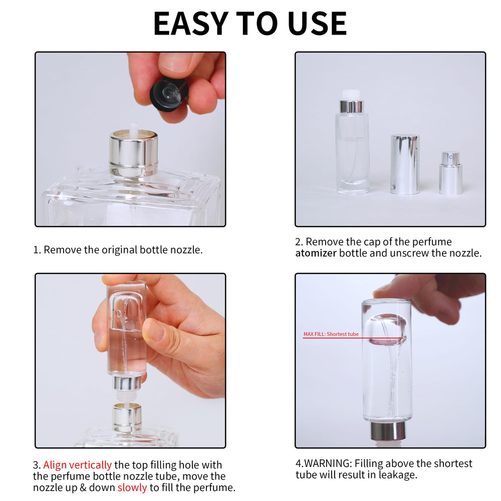 Clear glass body shows remaining perfume with a stylish look.
