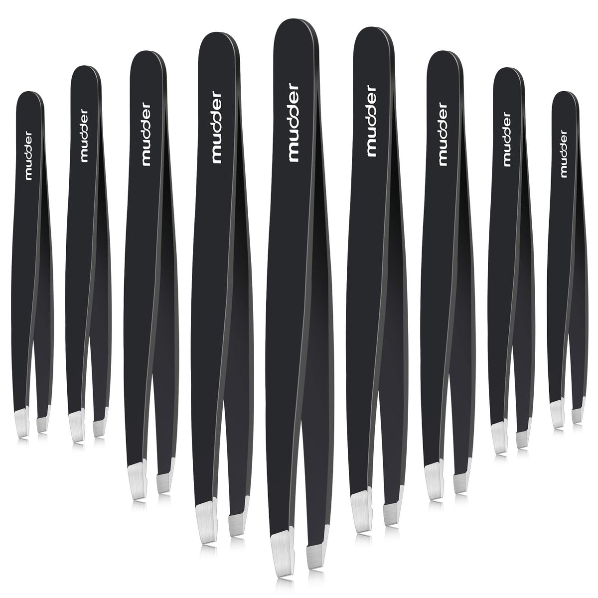 Mudder eyebrow tweezers in black with slanted tip for precise brow shaping
