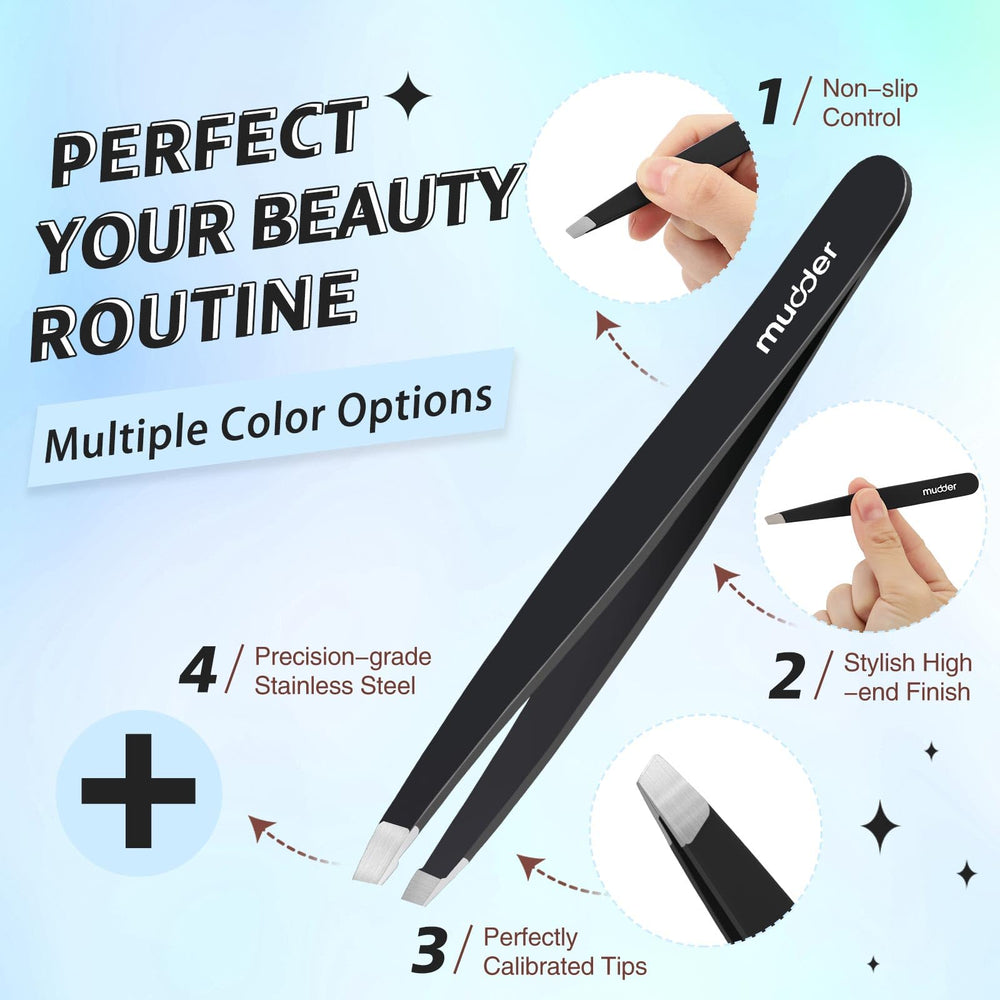Mudder slanted tip tweezers designed for easy hold and controlled plucking