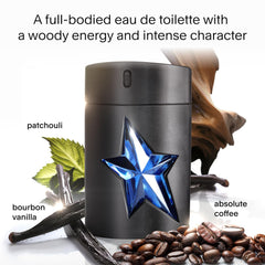 Mugler A*Men bottle cap close-up highlighting Coffee Absolute for energized confidence.