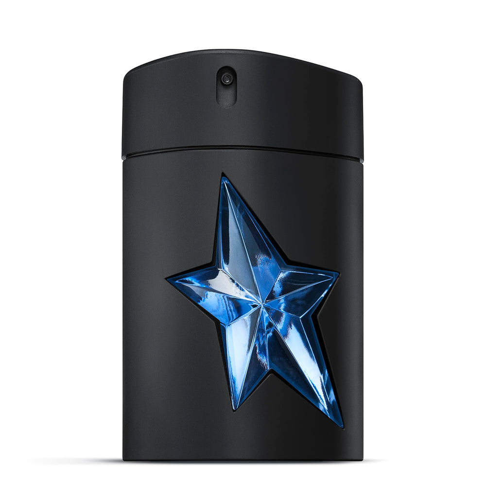 Mugler A*Men bottle front view highlighting woody patchouli notes for a bold presence.