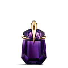 Mugler Alien bottle close-up highlights the luxury design for a premium fragrance moment.